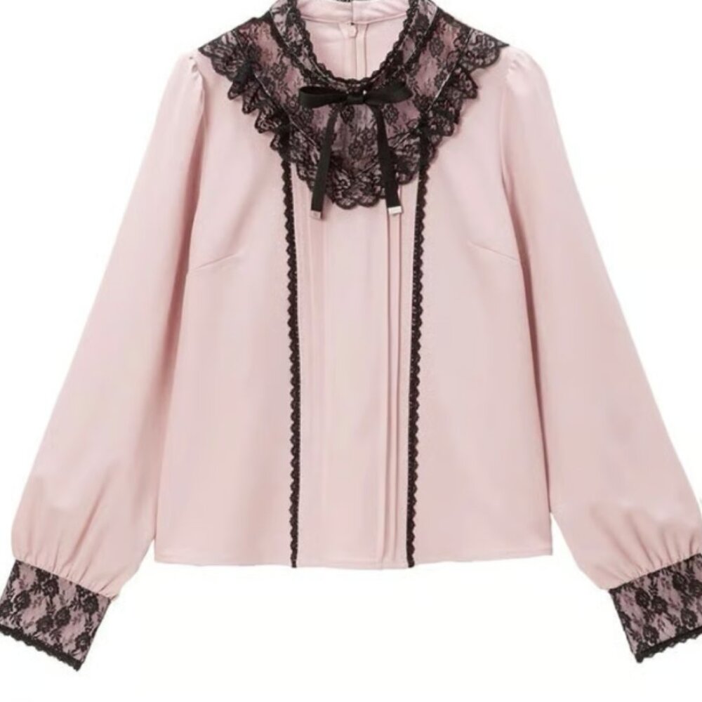 Dear My Love Pink and Black Jirai Long Sleeve Mock High Collar Yoke Lace Blouse